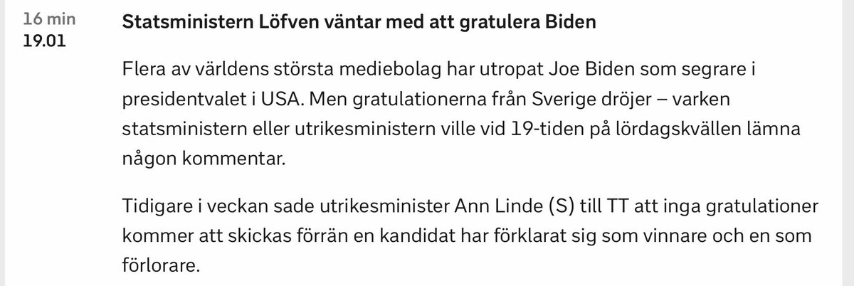 gulundin's tweet photo. Tvära kast med budskapen i SVT:s direktrapportering. Löfven gratulerar Biden/Harris #USAvalet2020 https://t.co/RroYJwEwPU