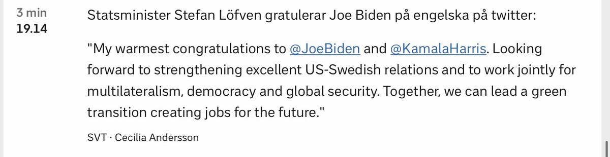 gulundin's tweet photo. Tvära kast med budskapen i SVT:s direktrapportering. Löfven gratulerar Biden/Harris #USAvalet2020 https://t.co/RroYJwEwPU