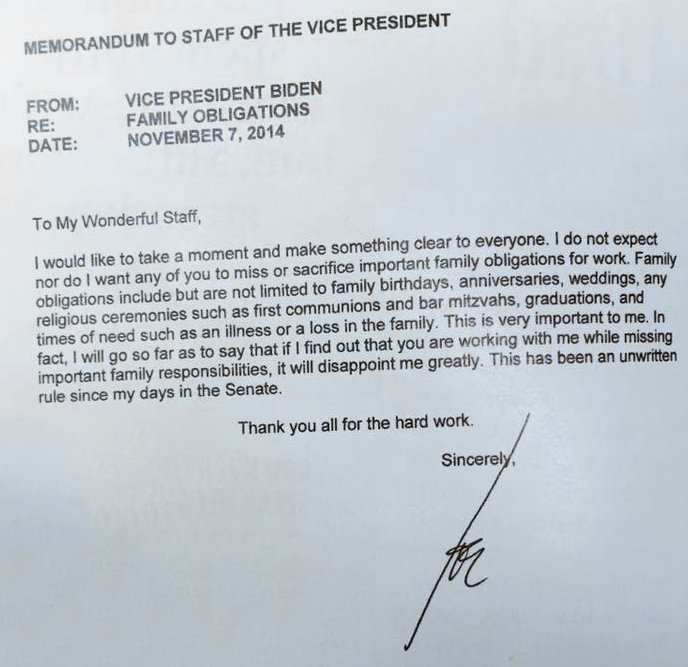 By coincidence: exactly 6 years ago today, as Vice President of the USA, Joe Biden sent this note to his staff.

I presume in the background, thoughts of his first wife &amp; daughter who died long ago; or his son, who died of cancer just a few months after this note.

Worth reading.