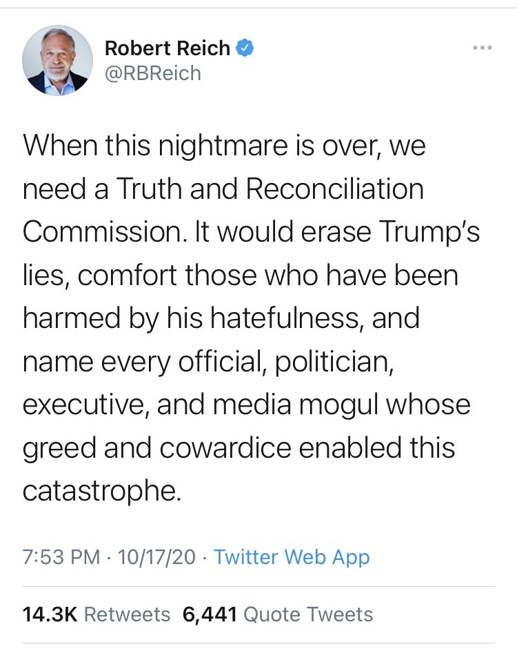 It wouldn’t be right to start with anyone but  @RBReich, who I will remind you was **Secretary of Labor** under Bill Clinton and is here calling for the extralegal prosecution of his political opponents as part of a truth and reconciliation commission.