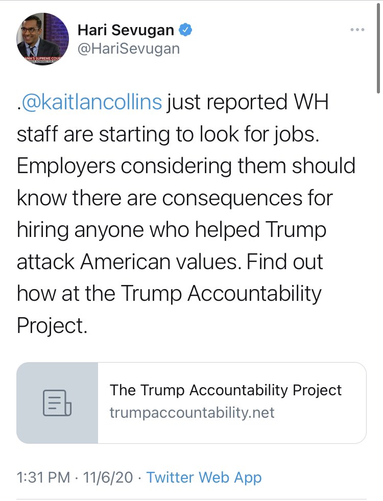 Thankfully for all of them, there is already one in the works! We had the “Trump Accountability Project” led by  @HariSevugan. Nothing says “healthy democracy” like “now that we’ve won, who has the list of our enemies handy?” right, Hari?