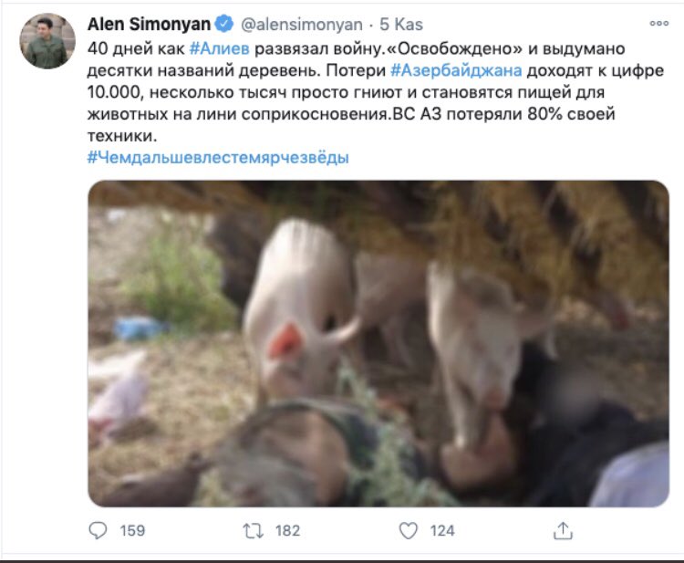 Ermenistan Meclis Başkan Vekili olan aşağılık pislik Azerbaycanlı şehit naaşlarını domuzlara yedirirken paylaşmış. İşte biz de bundan bahsediyoruz bu şerefsiz soysuzlar 1915te Anadolu da anlatılmayacak katliamlar yaptı. Resim koysam Twitter toplum kuralı der kaldırır.