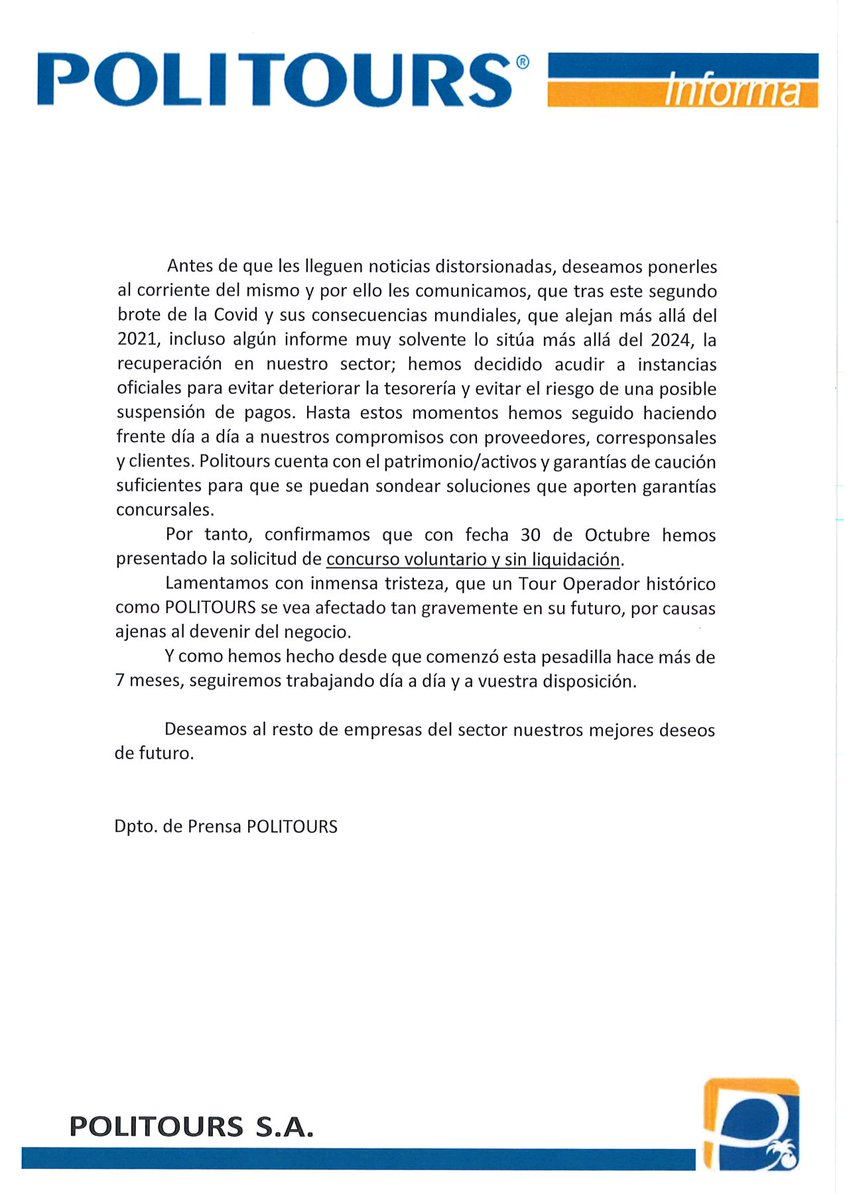 Nos apena profundamente anunciar esto. Toda la "familia" #Politours, agradece a sus amigos, el apoyo y los buenos momentos vividos juntos durante estos más de cuarenta y siete años de trayectoria. Muchísimo ánimo para los meses venideros a todos de corazón. Gracias por todo.❤️