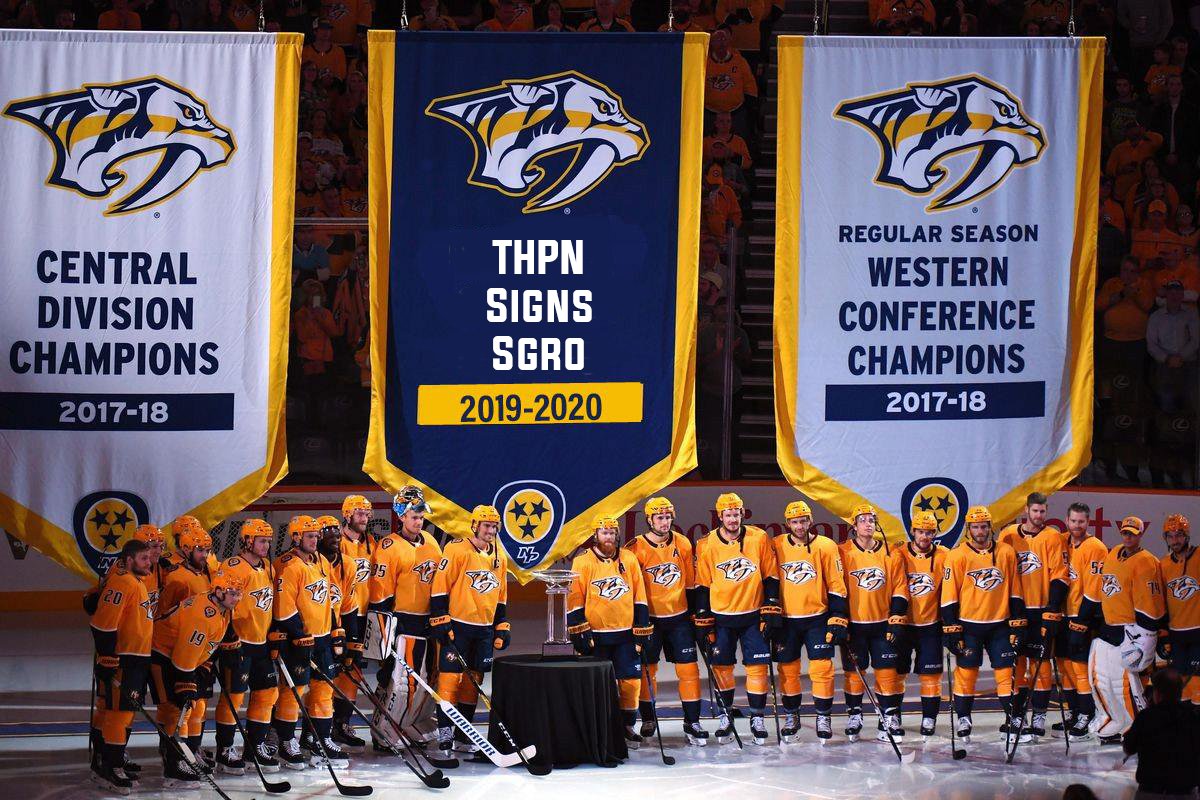 CrnrTknQckOrigi's tweet photo. So the @hockeypodnet has signed a new Nashville Predators host.

So naturally, the Preds are celebrating this in the only way they know how: by raising another silly banner. @sgro_samantha #THPN https://t.co/5cMUeaNHHM
