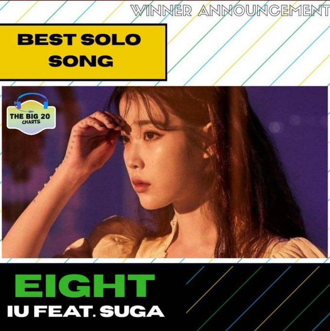 uaen8rmy's tweet photo. #BLURPLEUPDATE
< A W A R D S >
IU - Eight (Prod and Feat. SUGA of BTS) won Best Solo Song of The Year at The Big 20 Charts Awards
with 17,648,829 votes. Congratulations, @_IUofficial and @BTS_twt!!! 🥳💜
#BTS #방탄소년단 #아이유 #IU #SUGA #eight #에잇 https://t.co/yV9La1UQ7D