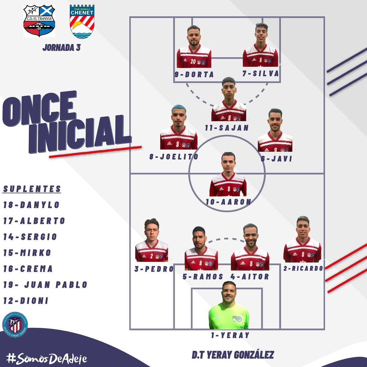 atletico_chenet's tweet photo. Once inicial 🔴⚪

Estos son los 11 guerreros que saltarán al campo ante el CD El Tranvía ⚽ https://t.co/mw3R5VmUzs