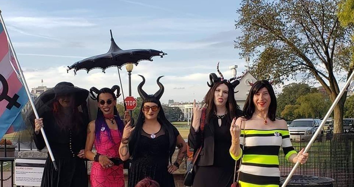 SadieSatanas's tweet photo. Trans Satanic contingent at National Trans Visibility March on DC 2019. Never stop fighting. #thepeopleshouse #yourefired #hailsatan https://t.co/ReTDq8obqb