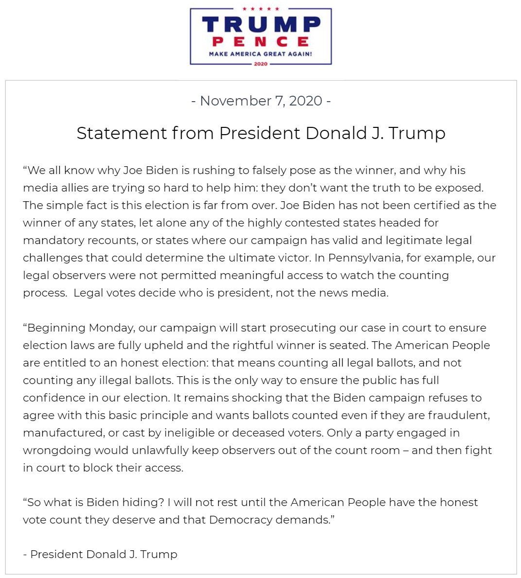 pulsopopular_'s tweet photo. 🇺🇲 | Declaración de la campaña de Trump: a partir del lunes se llevarán a la Corte todos los casos de fraude y errores en el sistema de conteo que se han documentado.

"Joe Biden está falsamente posicionándose como ganador y sus aliados en los medios lo están ayudando" https://t.co/PHnEHkUIim