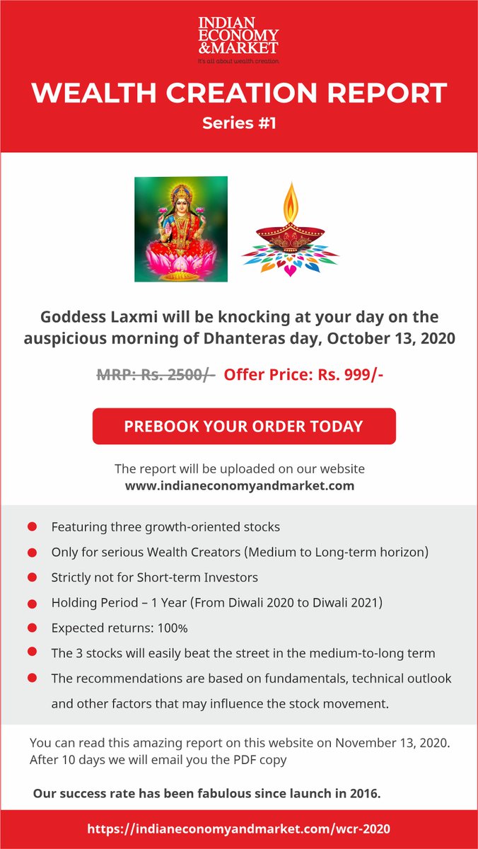 indianecomarket's tweet image. This Diwali, give a shining touch to your stocks portfolio.

Goddess Laxmi will be knocking at your day on the auspicious morning of Dhanteras day!​

Special offer only till the launch on 13th November. 

Prebook your order here: indianeconomyandmarket.com/wcr-2020

#stockstobuy #HappyDiwali