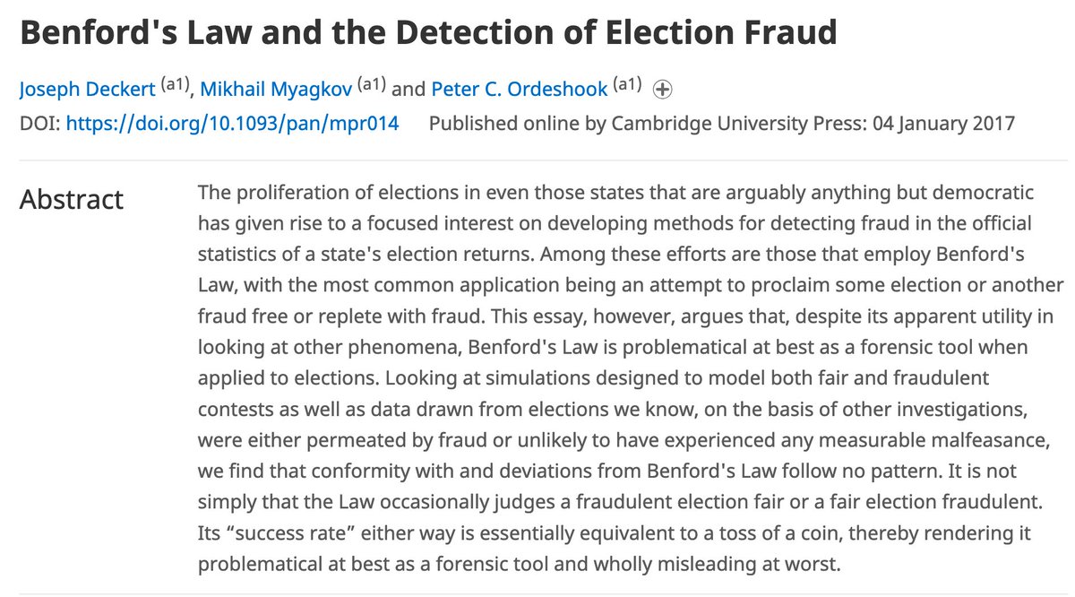 Let them tell you!"Benford's Law is problematical at best as a forensic tool when applied to elections…Its 'success rate' either way is essentially equivalent to a toss of a coin, thereby rendering it problematical at best as a forensic tool and wholly misleading at worst."