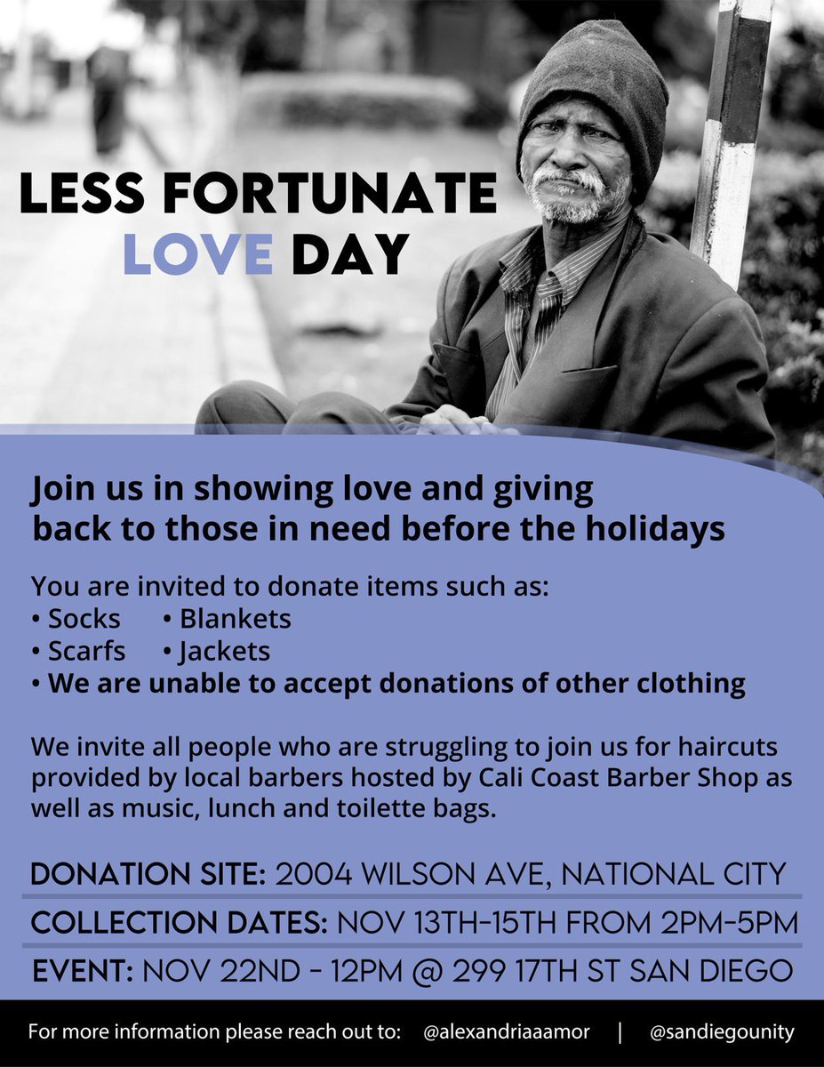 alexandriaaamor's tweet photo. SAN DIEGO 🗣 Nov 22nd @sandiegounity and I are planning a “Less fortunate Love Day” to help those in need before the cold winter. We would really appreciate if y’all come out support if you can 🙏🏾 Nov 13-15 are the collection days. DM for more info https://t.co/ZsFUYVs2z6