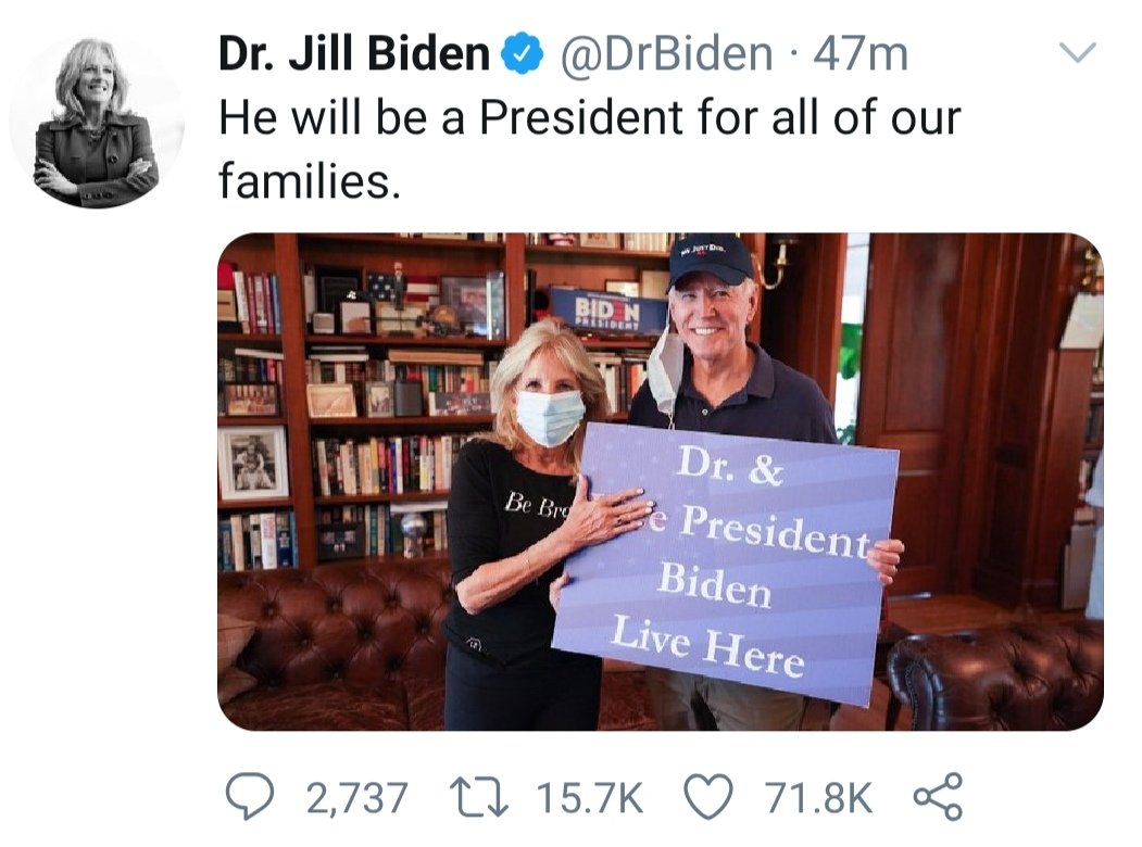 BenjaminAkakpo3's tweet photo. Dr. Jill Biden, Joe Biden's wife, just tweeted...
#BringingUTheUpdates
#MultimediaAt25
#ElectionHQ https://t.co/ZRdFAVXbD0