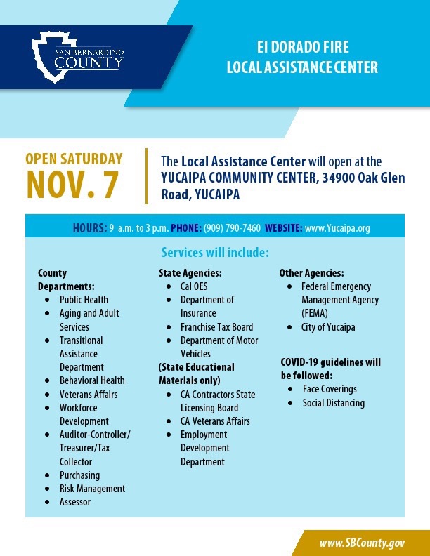 SBCounty's tweet photo. County residents who were impacted by the El Dorado Fire should visit the Local Assistance Center in Yucaipa today until 3pm. Take advantage of the free resources and services that will be offered to help you prepare for winter weather! https://t.co/a1adz9GeCT