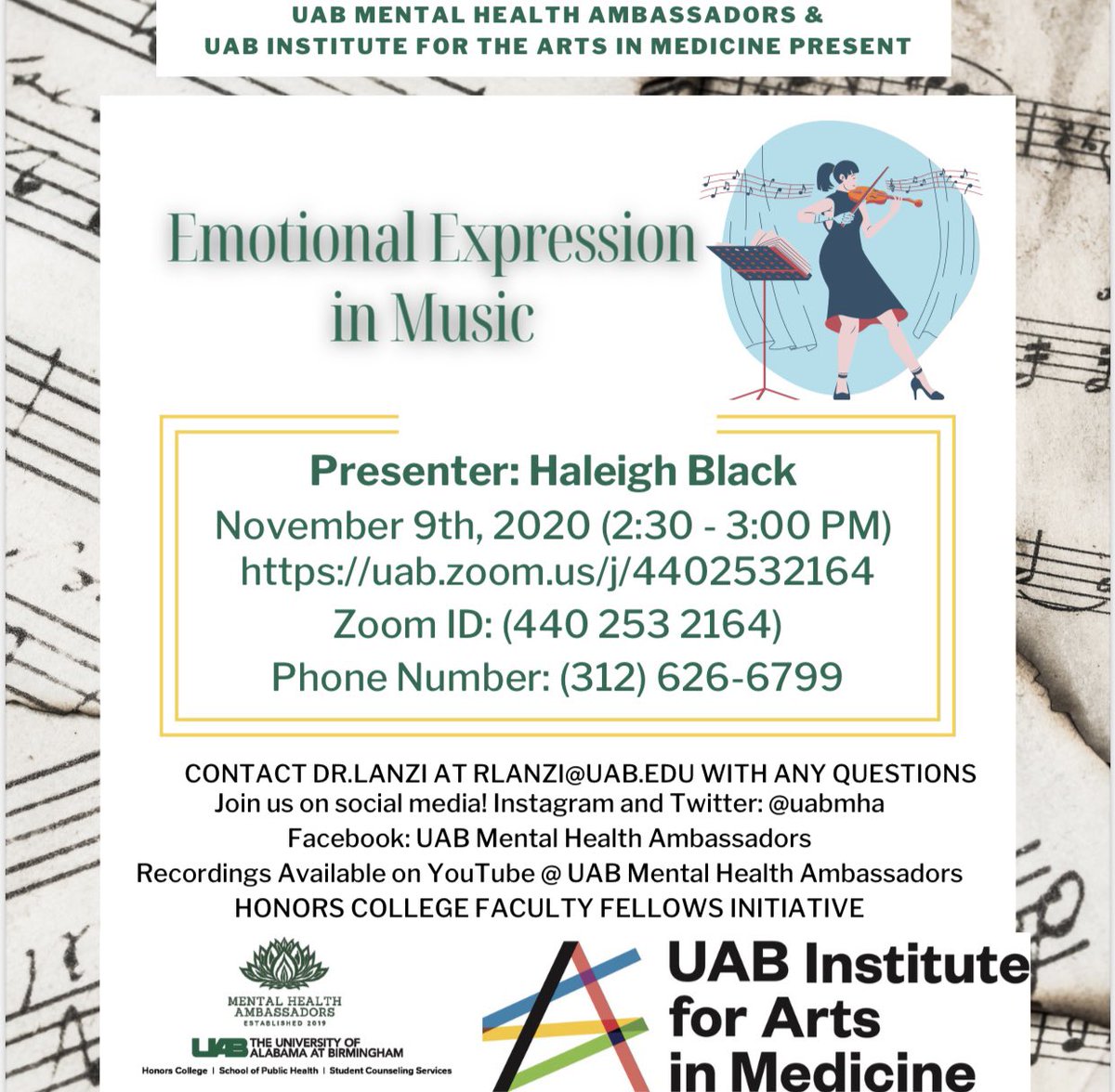 UABmha's tweet photo. Join the UAB Mental Health Ambassadors and Artists in Medicine artist, Haleigh Black, for “Emotional Expression in Music” on Monday at 2:30pm via Zoom! #uabmha #mha #mentalhealthawareness #music #art #uabartsinmedicine https://t.co/uvL8NnwHAU