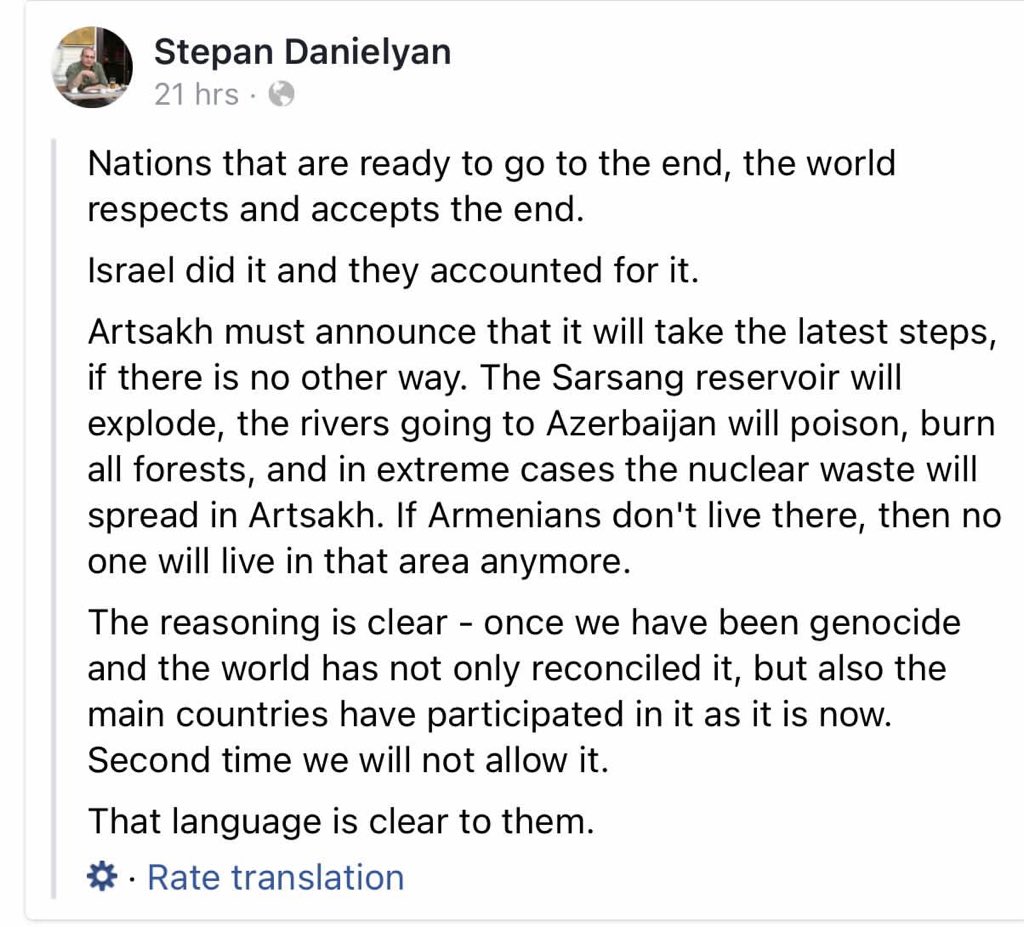 DrHughMore's tweet photo. Stepan Danielyan threatened terrorism.

- He is the Chairman of the Center for Partnership for Democracy
- He proposes to:

1) Blow up Sarsang reservoir &amp; drown the cities of #Azerbaijan
2) Spread nuclear waste
3) Burn forests

@Facebook @FBoversight @FacebookWatch @fbnewsroom https://t.co/6E0yJas3f8