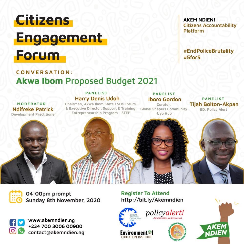 MmantiUmoh's tweet photo. The #AKS budget shapes many things that touch our daily lives. Therefore a citizen Engagement forum has been scheduled for tomorrow, 8/11/20 by 4PM to address the PROPOSED BUDGET 2021

To join👉 https://t.co/kdDAzJY1dF

Cc: @Tijahbolt, @ndifreke_pat, @Okpolor, @deevapreneur https://t.co/KCjNwF5G29