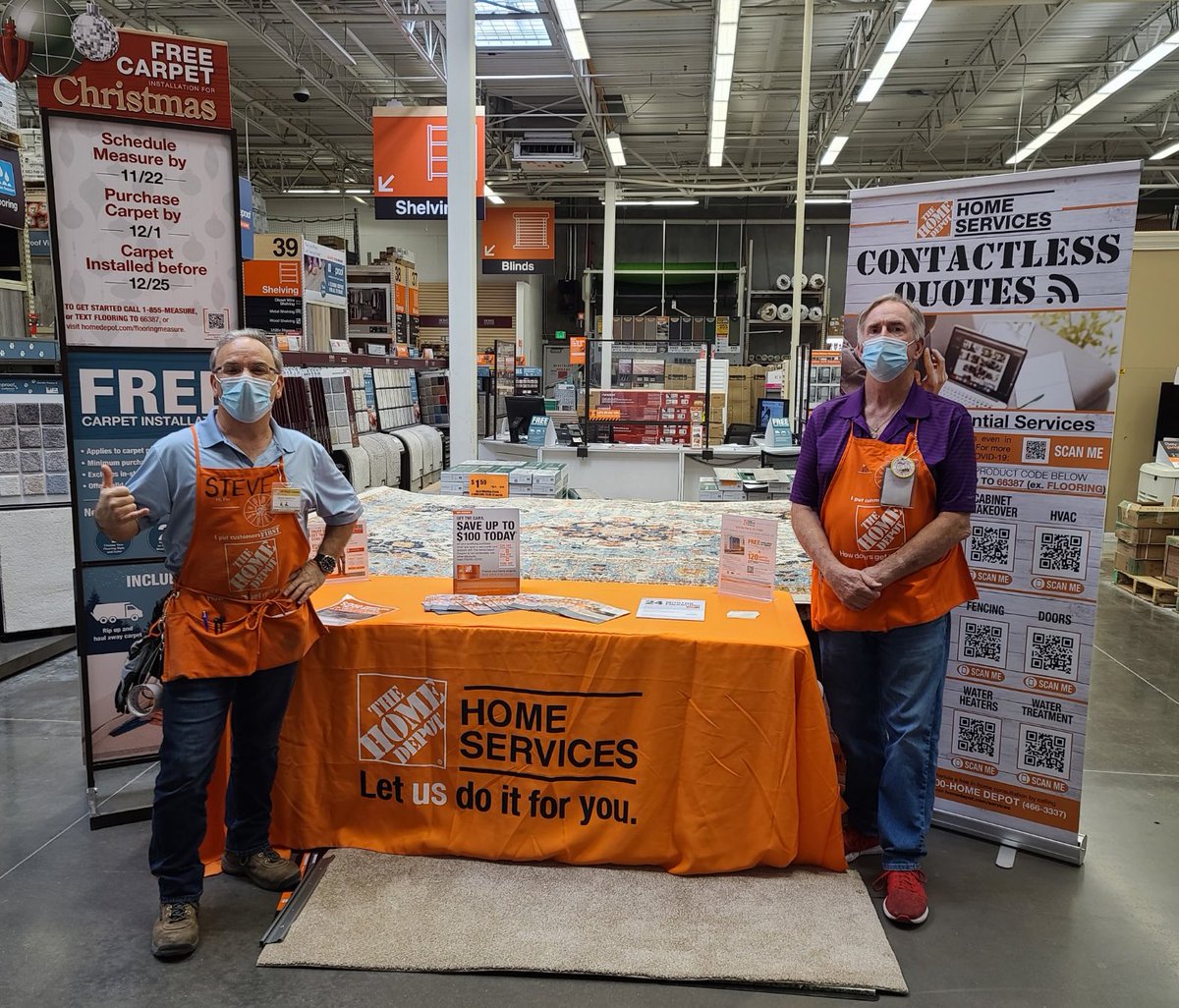 Need new carpet? How about FREE install for your new carpet? Bob and Steve are ready to take care of your carpet needs at the Flower Mound Home Depot! #badger949