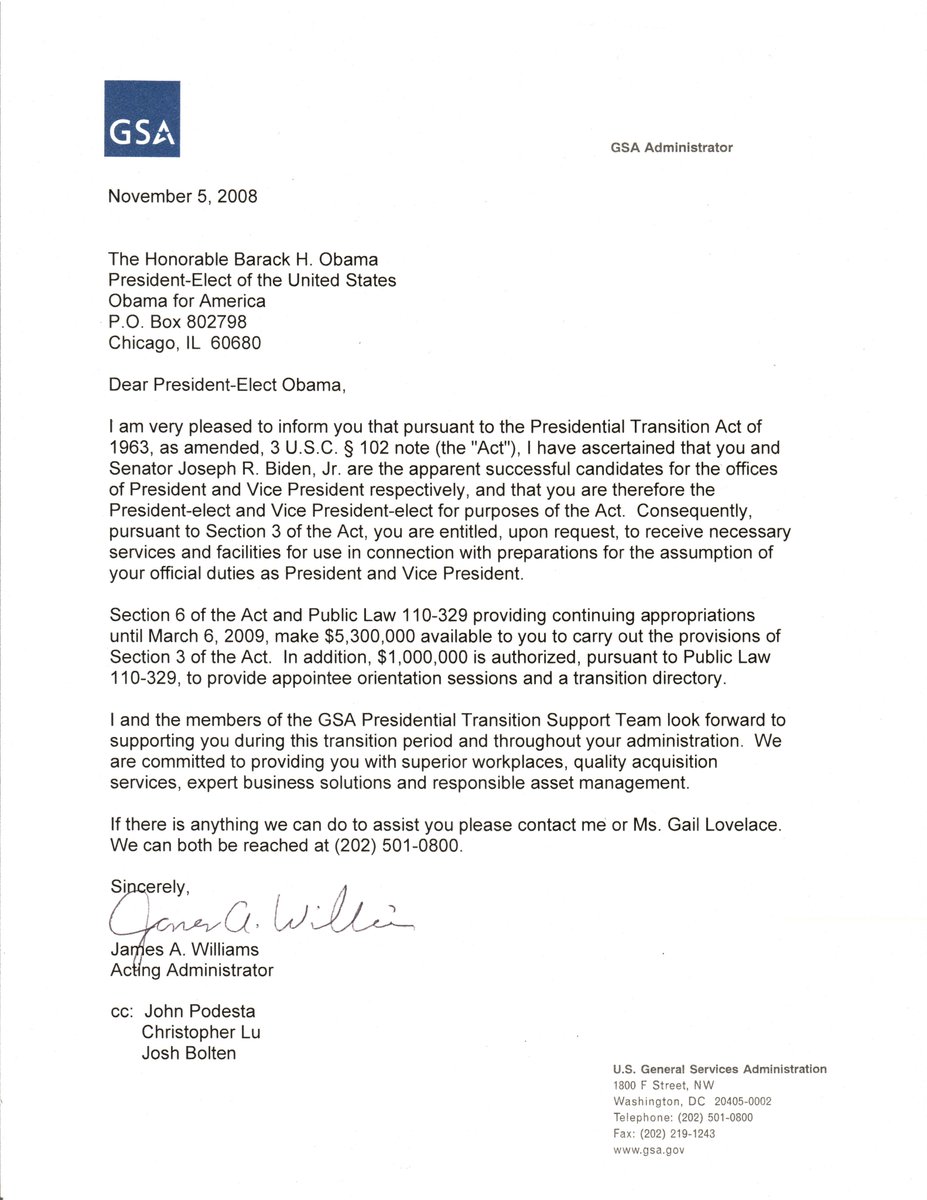 ChrisLu44's tweet photo. A few hours after the 2008 election was called, the Bush administration sent this letter to me in my capacity as executive director of the Obama transition.

For over 200 years, the peaceful transfer of power has been a hallmark of our democracy. https://t.co/zIinV4K8ii