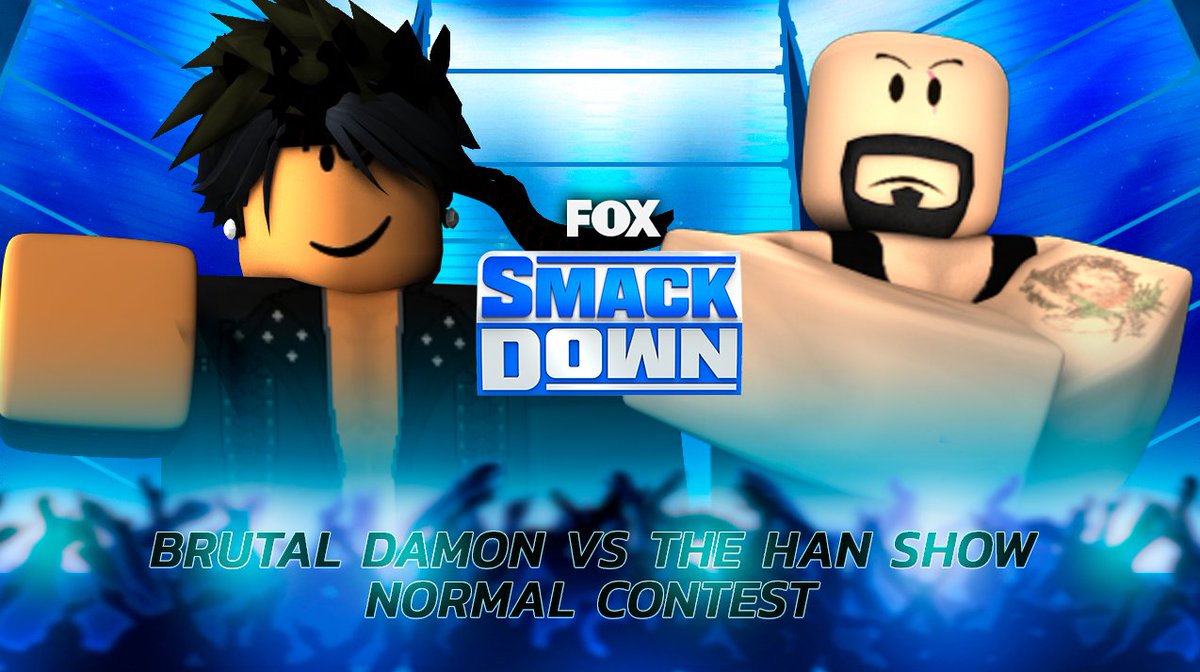 ROBLOXWWE_'s tweet photo. @BrutalDamonRBLX vs @RWTheHanShow - Normal Contest
#BrutalDamon recently making his return, already undefeated! It's not going to be so easy as he faces the Behemoth, #HanShow who used to hold the WWE Championship!
Who will win this contest? #SmackDown https://t.co/oHYYVhktwC