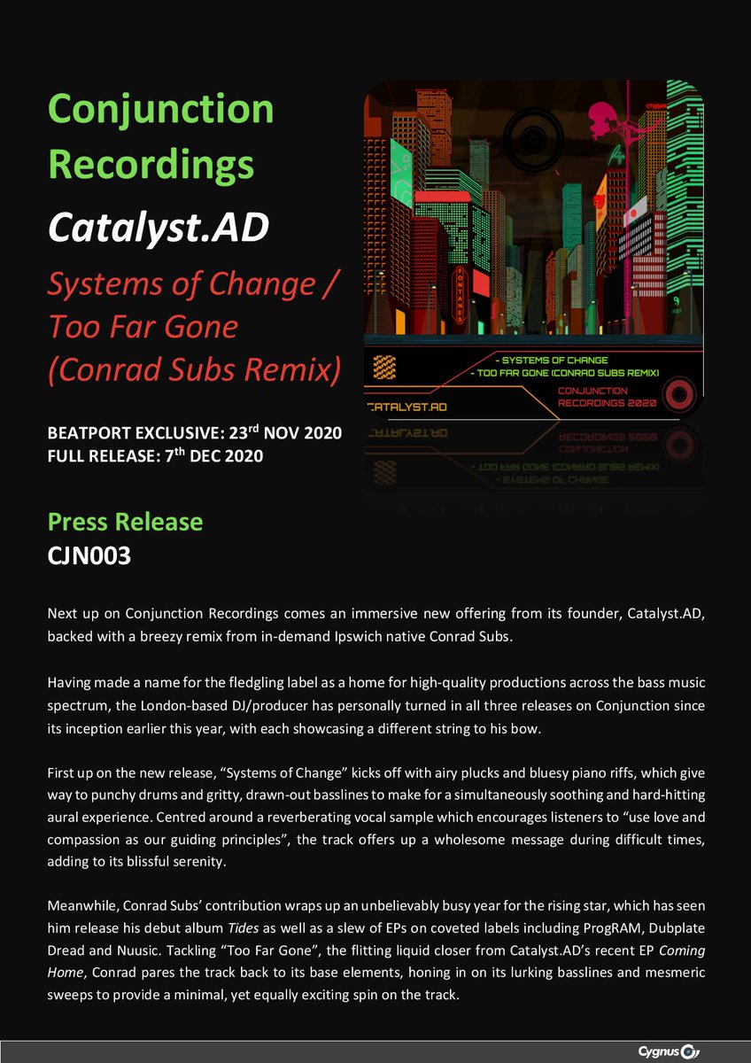 ADCatalyst's tweet photo. Conjunction Recordings 3rd instalment will be out and available exclusively at beatport on 23/11/20 and then all other shops and digital platforms worldwide 2 weeks after. Featuring a remix from the mighty Conrad Subs! Pre-order links coming soon!
#UpfrontD&B #D&B #Bass https://t.co/7kOv1Pam5i