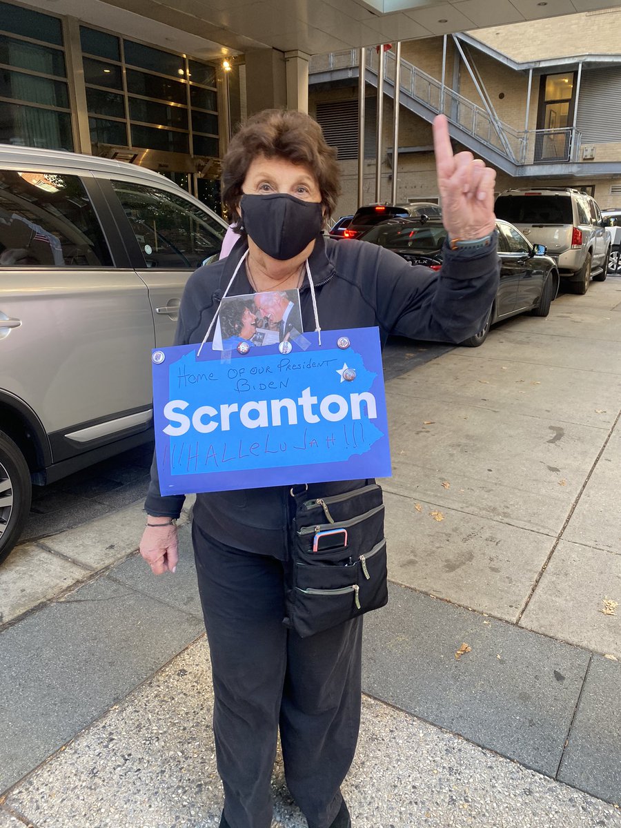 just spoke with 84-year-old Toni Alperin Goldberg who is wearing a Scranton sign around her neck with the words “home of our president Biden, hallelujah” and a picture of her and Biden together. “i’m feeling marvelous today,” she told me”