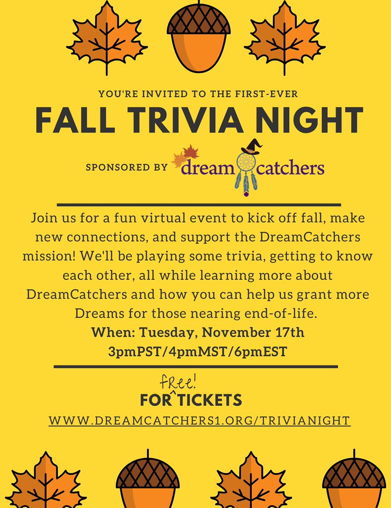Support DreamCatchers in a fun way this fall while showing off your trivia skills 👻
•
•
• 
Sign-up for free tickets NOW at this link 👇👇
dreamcatchers1.org/trivianight