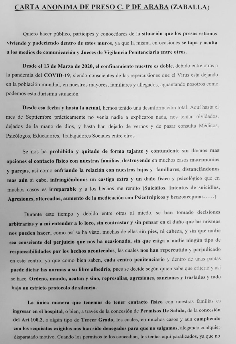yaissach's tweet photo. Carta de un preso de Zaballa denunciando las medidas vejatorias e inhumanas que viven continuamente dentro de la cartel. Explica especialmente la situación de las personas presas durante la crisis sanitaria por Covid-19 y un sinfín de irregularidades. (1/2) https://t.co/BDxbUQEKJE
