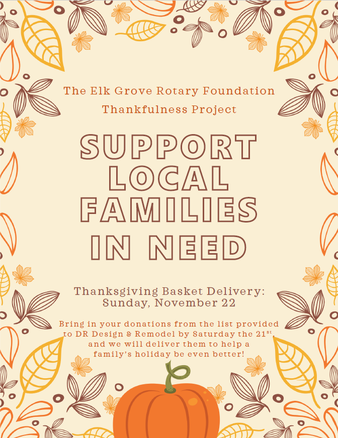 DRDesignRemodel's tweet photo. Join the Elk Grove Rotary Foundation this holiday season in helping our local families in need during these unprecedented times. Drop donations at 10461 Grant Line Rd, Suite 100, and we will deliver them on November 22nd to families in need. https://t.co/BKCukJHM4o
