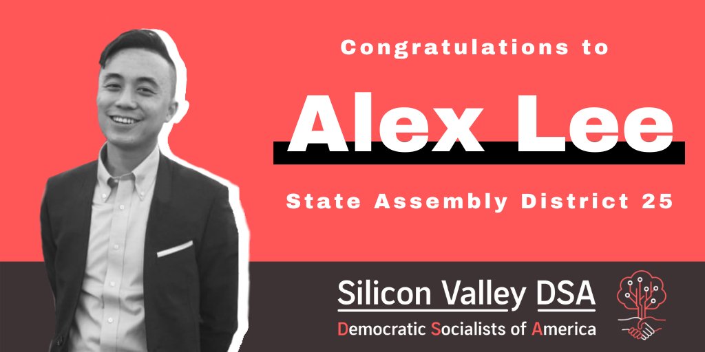 The landslide win we can't stop talking about! Congratulations to  @VoteAlexLee2020, the youngest and first openly bi legislator in California.Alex Lee is a democratic socialist and member of our chapter.