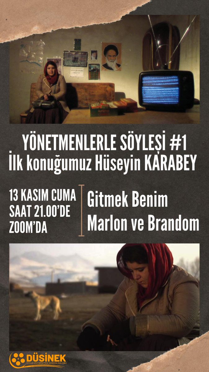 13 Kasım Cuma günü yönetmen Hüseyin Karabey(<a href="/HKarabey/">huseyin karabey</a>) ile kendisinin ilk uzun metraj filmi Gitmek: Benim Marlon ve Brandom üzerine Zoom'dan söyleşimiz olacaktır. 

Katılım için mesaj atabilirsiniz.

Kontenjanlarımız sınırlıdır.
