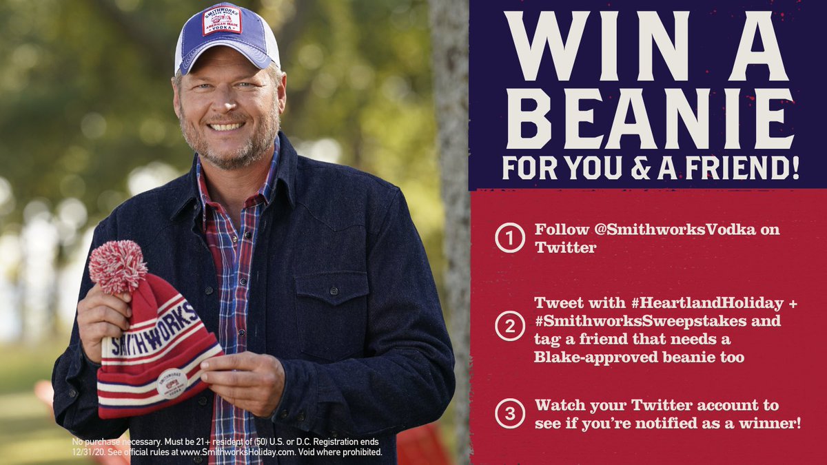 blakeshelton's tweet photo. The best thing under the tree comes from me and @SmithworksVodka! Tweet with hashtags #HeartlandHoliday &amp; #SmithworksSweepstakes, then tag a friend to enter for the chance to win beanies for you and a pal to wear all winter long. https://t.co/4wSW4njlCv