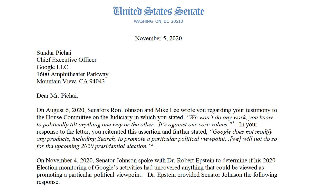 DrREpstein's tweet image. #ElectionMonitoring: In 2020, we preserved more than 400,000 &quot;ephemeral experiences&quot; on #Google, #Facebook &amp;amp; more. We found pro-liberal bias sufficient to have shifted millions of votes.

We also found a #SmokingGun. READ this US Senate letter to Google: 

justthenews.com/sites/default/…