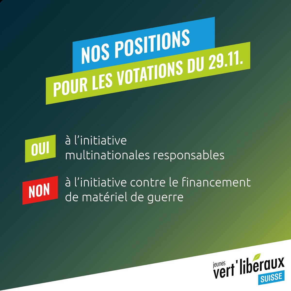 Lors de l'AG en ligne d'aujourd'hui, nous nous sommes prononcé.e.s contre l’initiative pour l’interdiction du financement de matériel de guerre.

Nous nous étions déjà positionné.e.s pour le oui sur l'initiative pour des multinationales responsables lors de l’AG du 5 septembre.