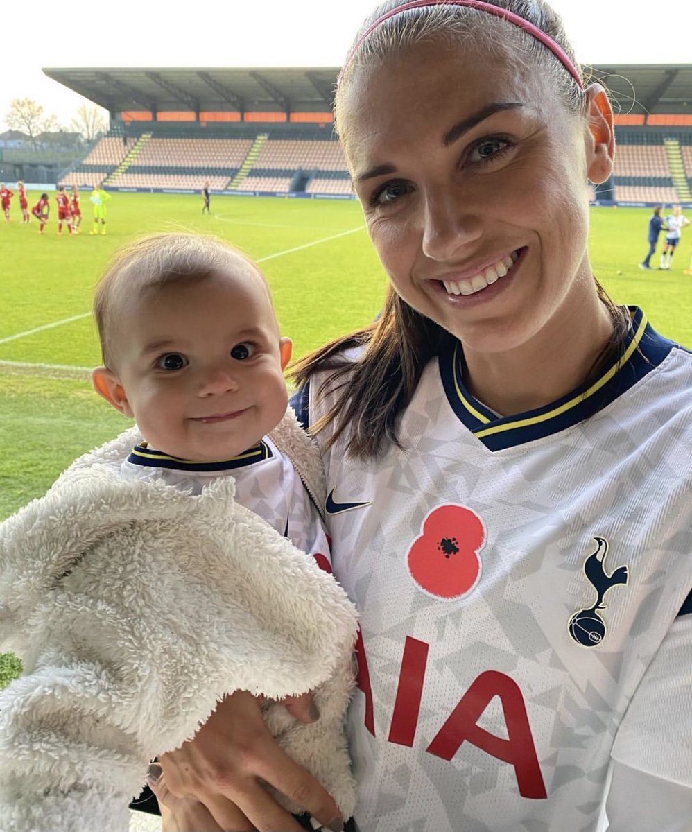 rogbennett's tweet photo. Alex Morgan and future US international, 6 month old daughter Charlie, pose after the World Cup winner made her Spurs debut today. The kind of joy the world needs more of 🙌🇺🇸 https://t.co/nxgCmnltRB