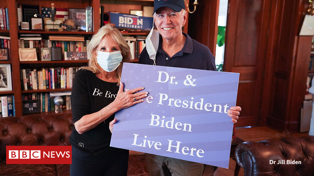 BBCWorld's tweet photo. Dr Jill Biden shares a picture of her and her husband, president-elect Joe Biden, celebrating his projected success in the US election

#Election2020 latest https://t.co/M5YzPYn6Wq https://t.co/OI4PEfRknC