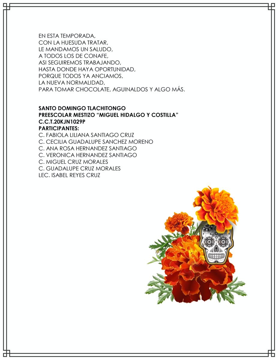 ConafeOaxaca's tweet photo. Tutores de Santo Domingo Tlachitongo, del preescolar mestizo “Miguel Hidalgo y Costilla”, ganaron el Segundo Lugar de su categoría, en el Primer Concurso de Calaveritas #Conafe #Oaxaca 2020, les enviamos una cálida felicitación #OrgulloConafe https://t.co/6D4qTk8Qbc