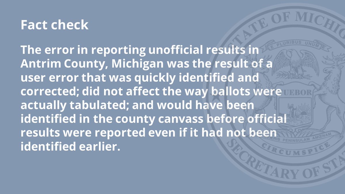 MichSoS's tweet photo. Fact check: Isolated user error in Antrim County did not affect election results, has no impact on other counties or states. More at https://t.co/GKEZu1pGuN https://t.co/JJ0h9Sh0dw