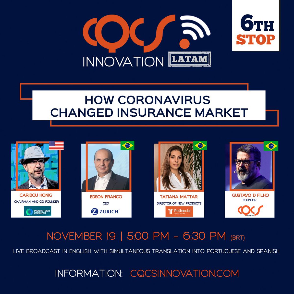 Mozambique Insurance Expo, Ambassador of CQCS Innovation Latam in Mozambique, is honored to share the invitation to participate in the Live Broadcast "How Coronavirus Changed Insurance Market", to be held on 19.11.20,in Brazil.
Save the date. Register now lnkd.in/eTmASYq