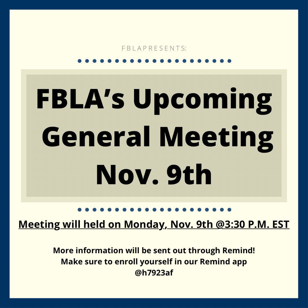 mlec_fbla's tweet photo. Hey! FBLA is having a meeting on Monday, Nov. 9th at 3:30 PM. Zoom info would be sent out through the remind app. Make sure to join it if you haven’t done so already! https://t.co/ttvnNLPH8B