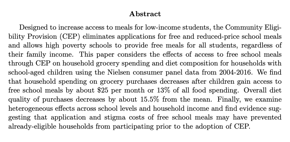 Katherine YewellJMP: "The Effect of Free School Meals on Household Food Purchases: Evidence from the Community Eligibility Provision"Website:  https://kgyewell.com/ 