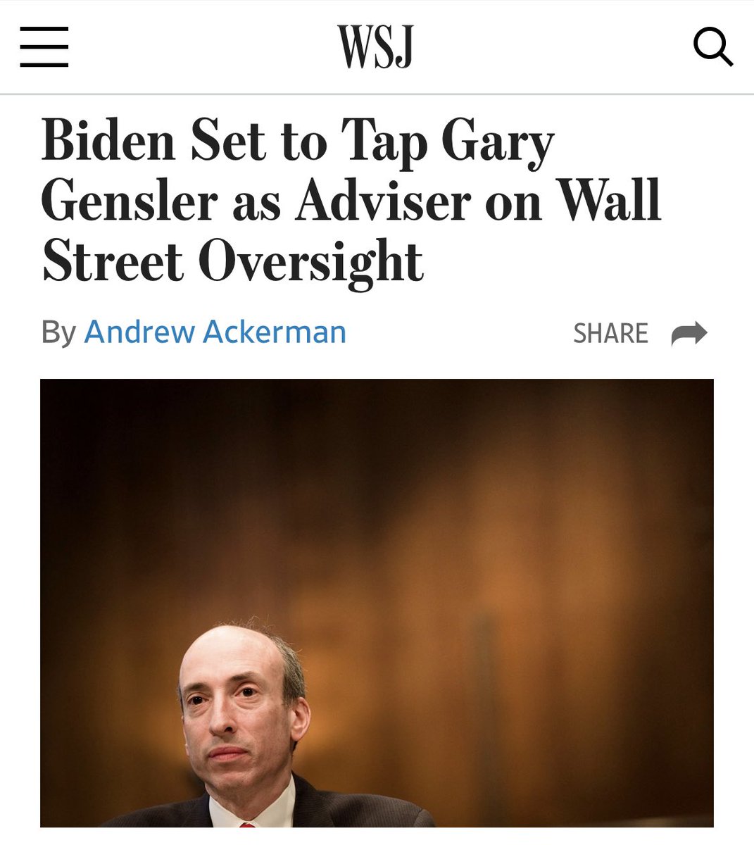 BREAKING: Biden expected to hire bitcoin-friendly, Gary Gensler, to help oversee Wall Street