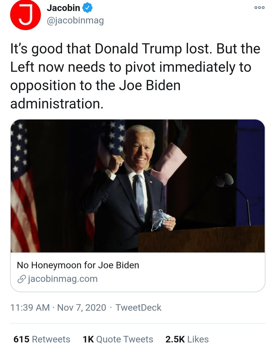 pplswar's tweet photo. So 🌹Jacobin is saying @SenSanders should vote with @senatemajldr on Biden's cabinet picks, judges, and legislation? 🤔 https://t.co/2RpX18vBTa