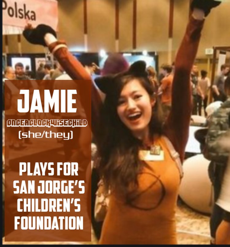  @JamieSumire Jamie Sumire Costantino, aka Onceaclockwisechild (she/they)Plays for  @fundacion_sj  https://www.extra-life.org/participant/JamieSumire