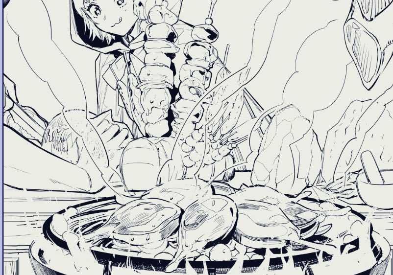 3巻発売日1日前上げ。三巻後書きの線画一部分。
手前は異世界肉(焼いてるのはジンギスカン鍋風の端っこに油の溜まる鉄板) 右奥のは岩塩、調味用香菜、すり鉢 