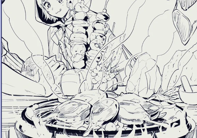 3巻発売日1日前上げ。三巻後書きの線画一部分。
手前は異世界肉(焼いてるのはジンギスカン鍋風の端っこに油の溜まる鉄板) 右奥のは岩塩、調味用香菜、すり鉢 