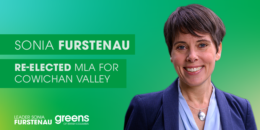 BCGreens's tweet photo. Following the count of the remaining ballots, BC Green Leader @SoniaFurstenau has been re-elected as MLA for Cowichan Valley, winning with 44.21% and a total of 13,059 votes. Congratulations, Sonia! #BCelxn2020 #BCvotes2020 #bcpoli #votegreenbc https://t.co/mJFsdfMdsc
