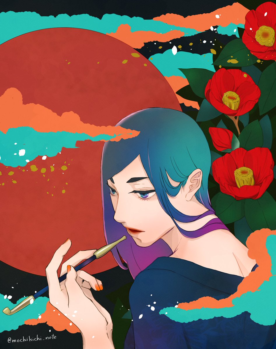 flower solo red flower smoking pipe 1girl long hair holding  illustration images