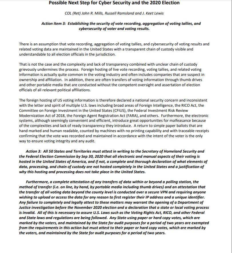 "The foreign hosting of US voting information is therefore declared a national security concern and inconsistent with the letter and spirit of multiple U.S. laws including broad areas of Foreign Intelligence, the RICO Act, the Committee on Foreign Investment in the United States"