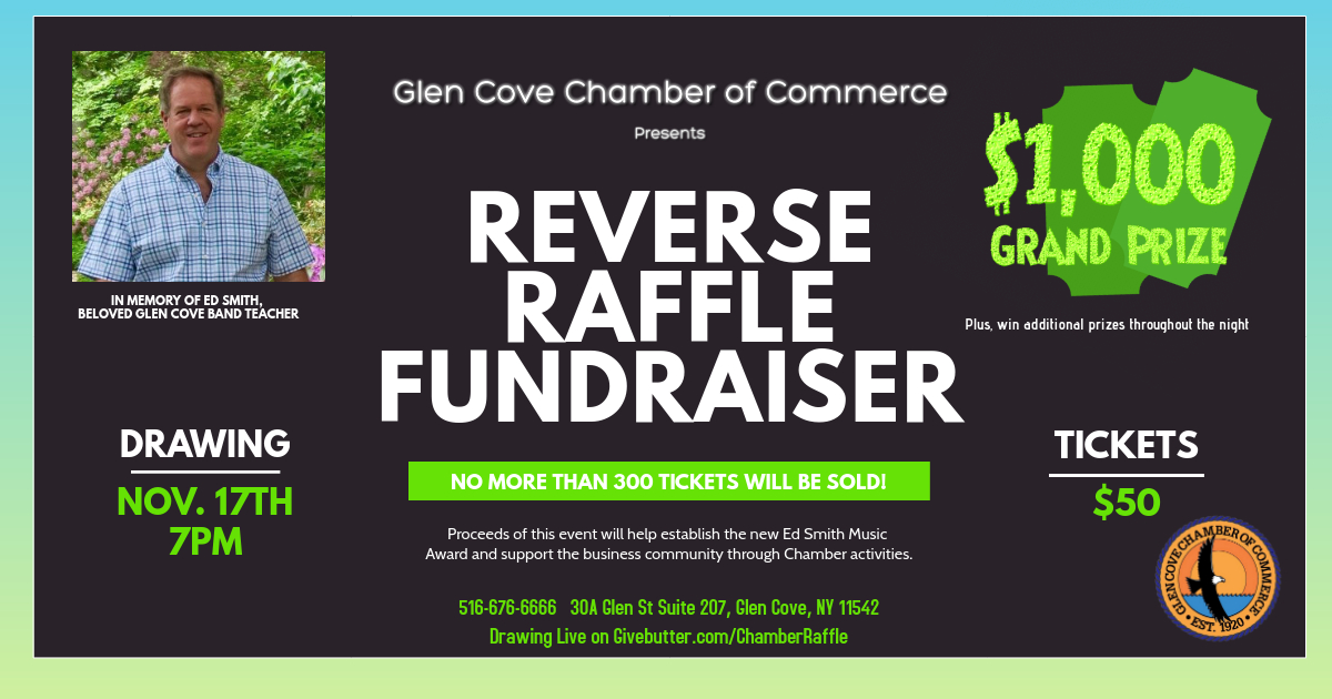Glen Cove Chamber Reverse Raffle Fundraiser - 11/17 •  7pm

Join our virtual event November 17th, 7pm for a special tribute to Ed Smith including a lot of surprise guests. Tickets are $50, only 300 tickets avail.

• givebutter.com/CHAMBERRAFFLE

#GlenCove #GlenCoveNY #Fundraiser