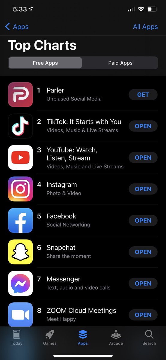 ShaanVP's tweet photo. Wow. Parler just became the #1 app on the App Store. “Unbiased Social Media” is basically a giant 🖕to Twitter and Facebook https://t.co/gAMNZxVyfE
